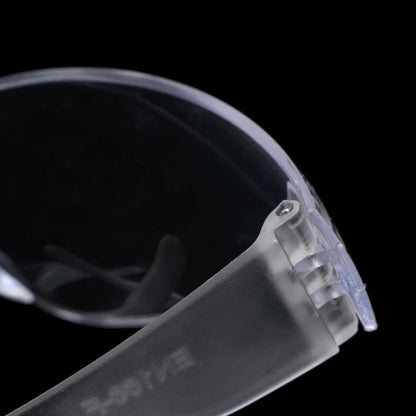 Clear safety goggles with vents from BACKUPMYFILESNOW.COM®, featuring anti-fog, sand-proof, and protective lab eyewear design.
