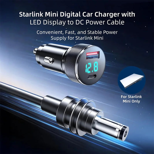 Waterproof 2M car power supply cable for Starlink Mini, with dual charging ports and voltage display, by BACKUPMYFILESNOW.COM®.