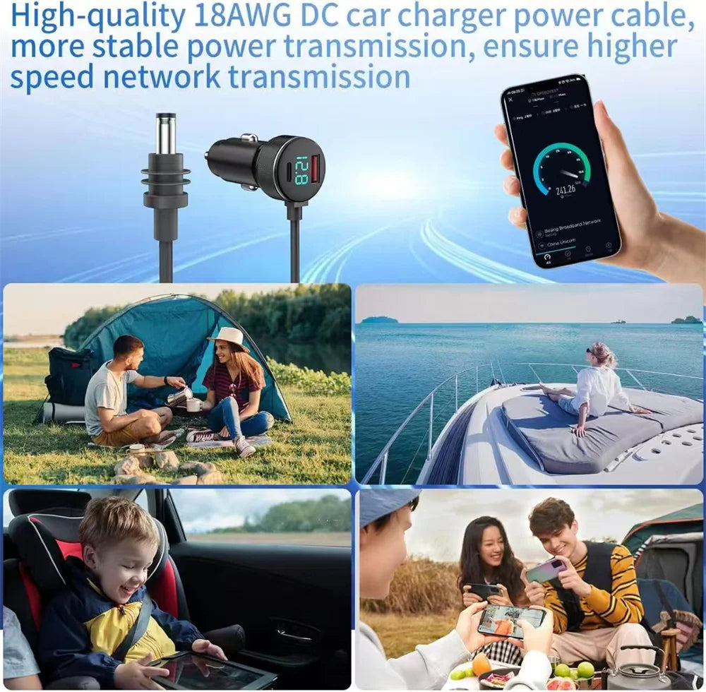 Waterproof 2M/3M car power supply cable for Starlink Mini with dual charging ports, voltage display, compatible with 12V-24V vehicles.