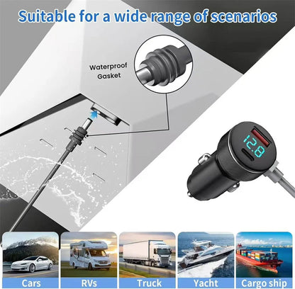 Waterproof 2m Starlink Mini car power supply cable with dual charging ports and voltage display, compatible with 12V-24V systems.
