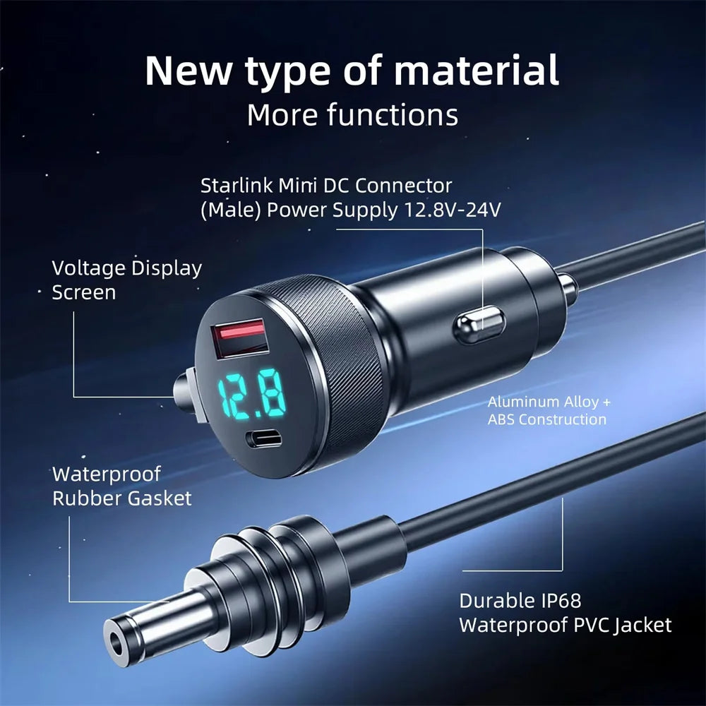 Waterproof car power supply cable for Starlink Mini, 2M/3M, with dual charging ports and voltage display, by BACKUPMYFILESNOW.COM®.