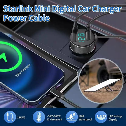 Waterproof 2m car power supply cable for Starlink Mini with dual charging ports, voltage display, compatible with 12V-24V vehicles.