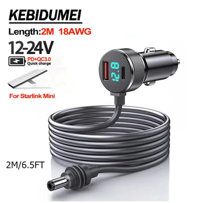 Waterproof 2M car power supply cable for Starlink Mini with dual charging ports and voltage display, 12V-24V compatible.