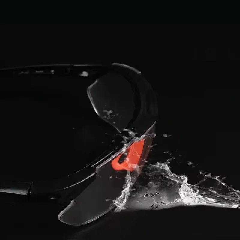 Grey cycling goggles by BACKUPMYFILESNOW.COM®, windproof, sandproof outdoor safety glasses with vented design for lab and riding use.