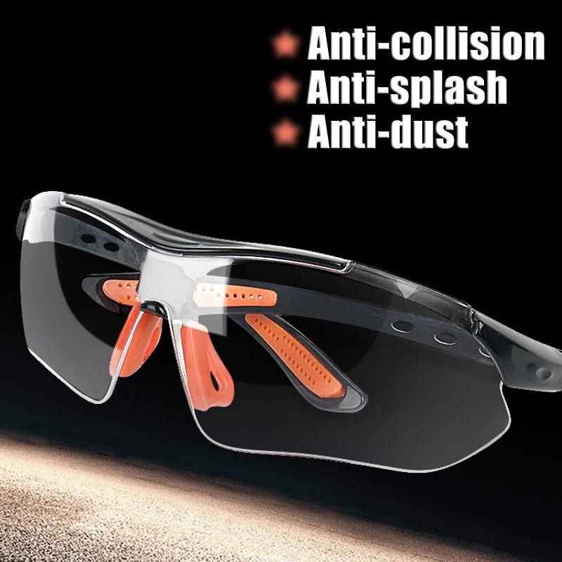 Grey cycling goggles by BACKUPMYFILESNOW.COM® with vented design, windproof and anti-splash safety glasses for outdoor and lab use.