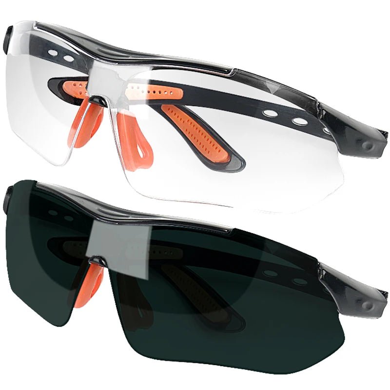 Grey cycling goggles by BACKUPMYFILESNOW.COM® with vented design, windproof and sandproof lenses for outdoor safety and lab work.