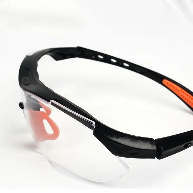Grey cycling goggles by BACKUPMYFILESNOW.COM® with windproof, sandproof, anti-splash vents for outdoor safety and lab work.