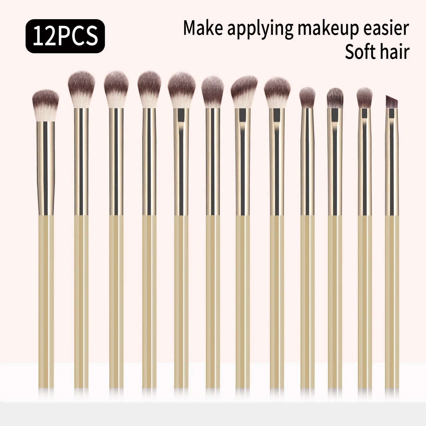 12-piece eyeshadow makeup brush set with soft synthetic hair including blending, shader, angled, and liner brushes for eye makeup.