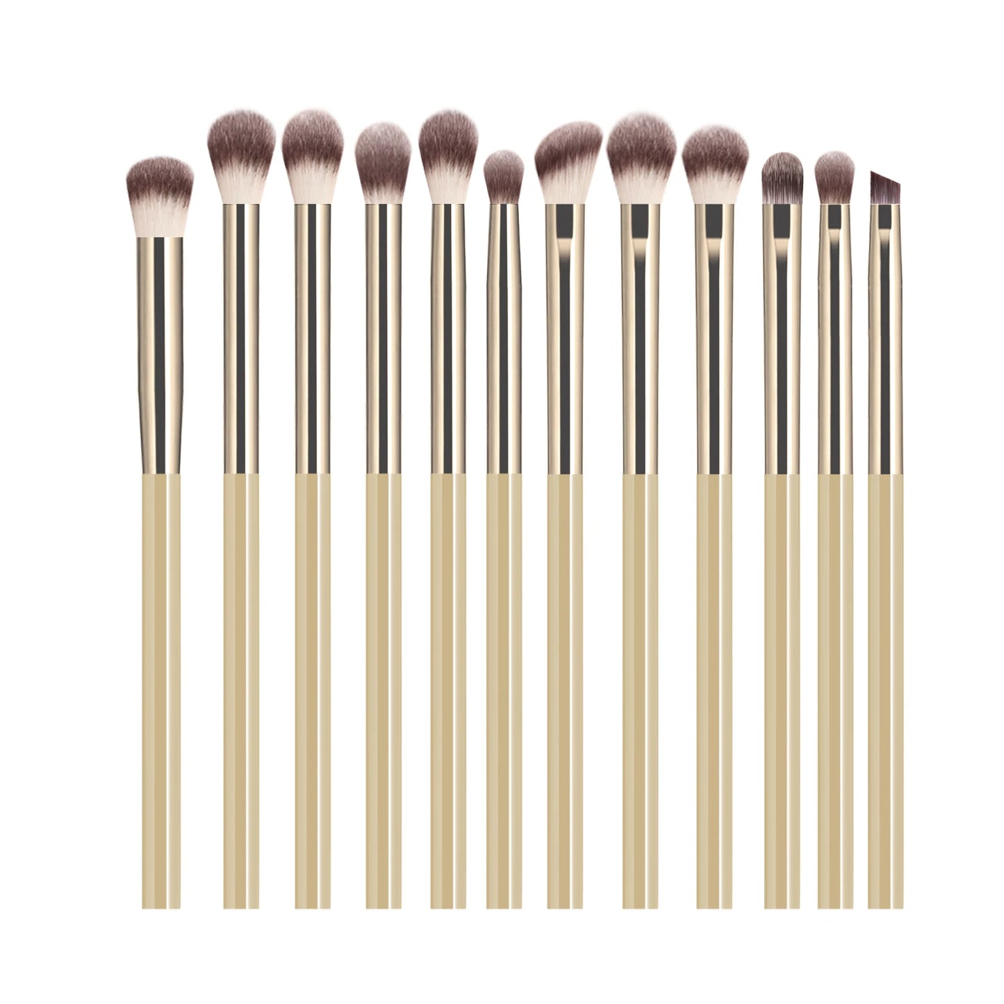 12-piece eyeshadow makeup brush set with soft synthetic hair including blending, shader, angled, and liner brushes for eye makeup.