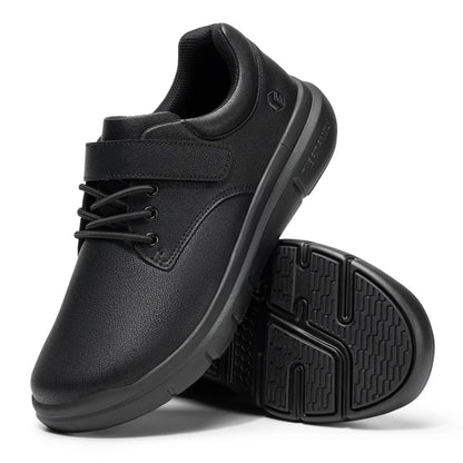 FitVille men's diabetic wide-width leather Oxford dress shoes with hook-and-loop straps, designed for swollen feet and orthopedic support.
