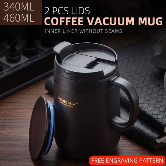 Pink PINKAH 340ml and 460ml stainless steel coffee mugs with handles, lids, and vacuum insulation for office and travel use.