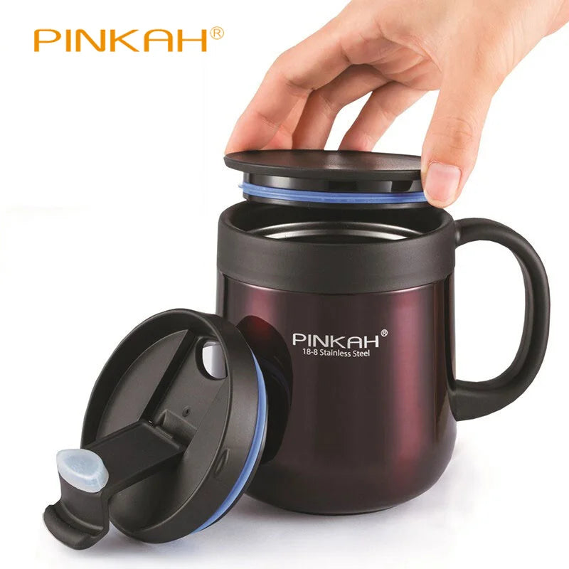 Pink PINKAH 340ml and 460ml stainless steel insulated coffee mugs with handles and lids, ideal for hot beverages and office use.