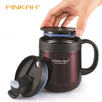 Pink PINKAH 340ml and 460ml stainless steel insulated coffee mugs with handles and lids, ideal for hot beverages and office use.