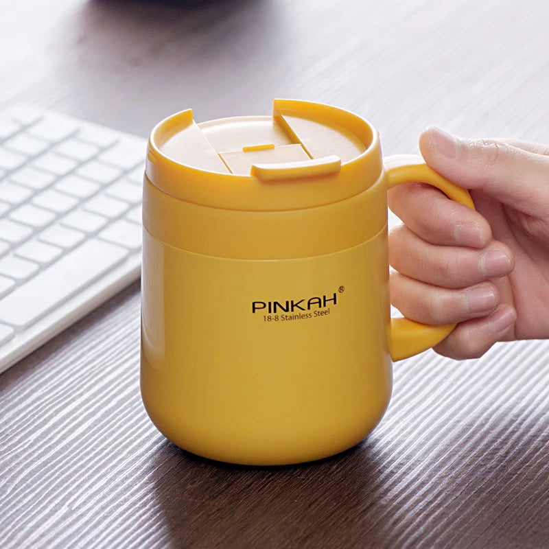 Pink PINKAH 340ml and 460ml stainless steel coffee thermos mugs with handles, lids, insulation, and vacuum design for office and travel.