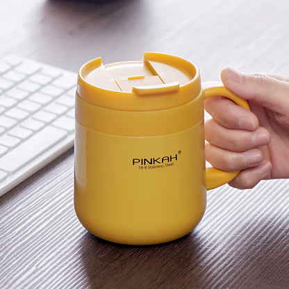 Pink PINKAH 340ml and 460ml stainless steel coffee thermos mugs with handles, lids, insulation, and vacuum design for office and travel.