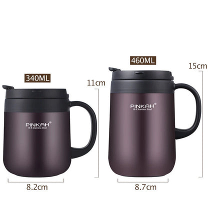 Pinkah 340ml and 460ml stainless steel coffee mugs with handles, lids, and insulation for tea and hot beverages.