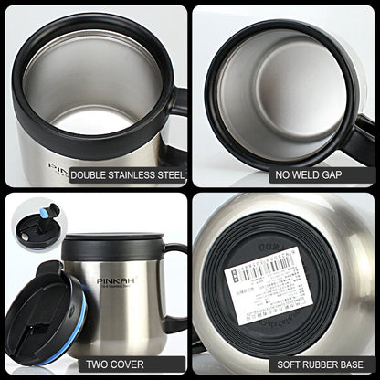 Pink PINKAH 340ml and 460ml stainless steel coffee mugs with handles, lids, and insulation for hot beverages.