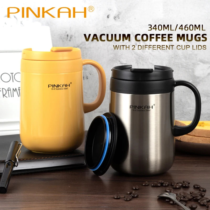 Pink PINKAH 340ml and 460ml stainless steel insulated coffee mugs with handle, lid, and vacuum insulation for office use.