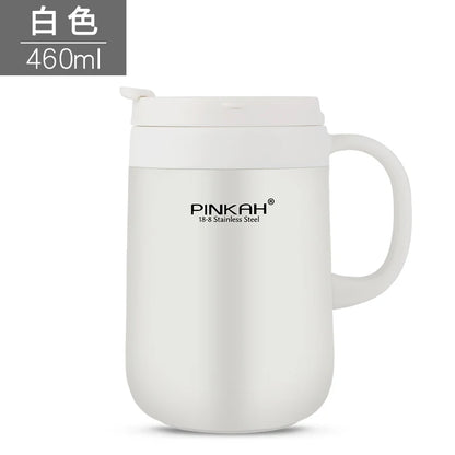 Pink PINKAH 340ml and 460ml stainless steel thermos mugs with handle and lid, insulated vacuum cups for coffee and tea.