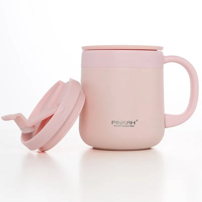 Pink PINKAH 340ml and 460ml stainless steel coffee thermos mugs with handles and lids, insulated vacuum cups for tea and hot beverages