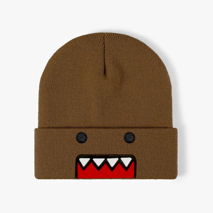 Domo Kun cartoon embroidered knitted hat for men and women, warm, windproof winter outdoor hat in hip hop casual style.