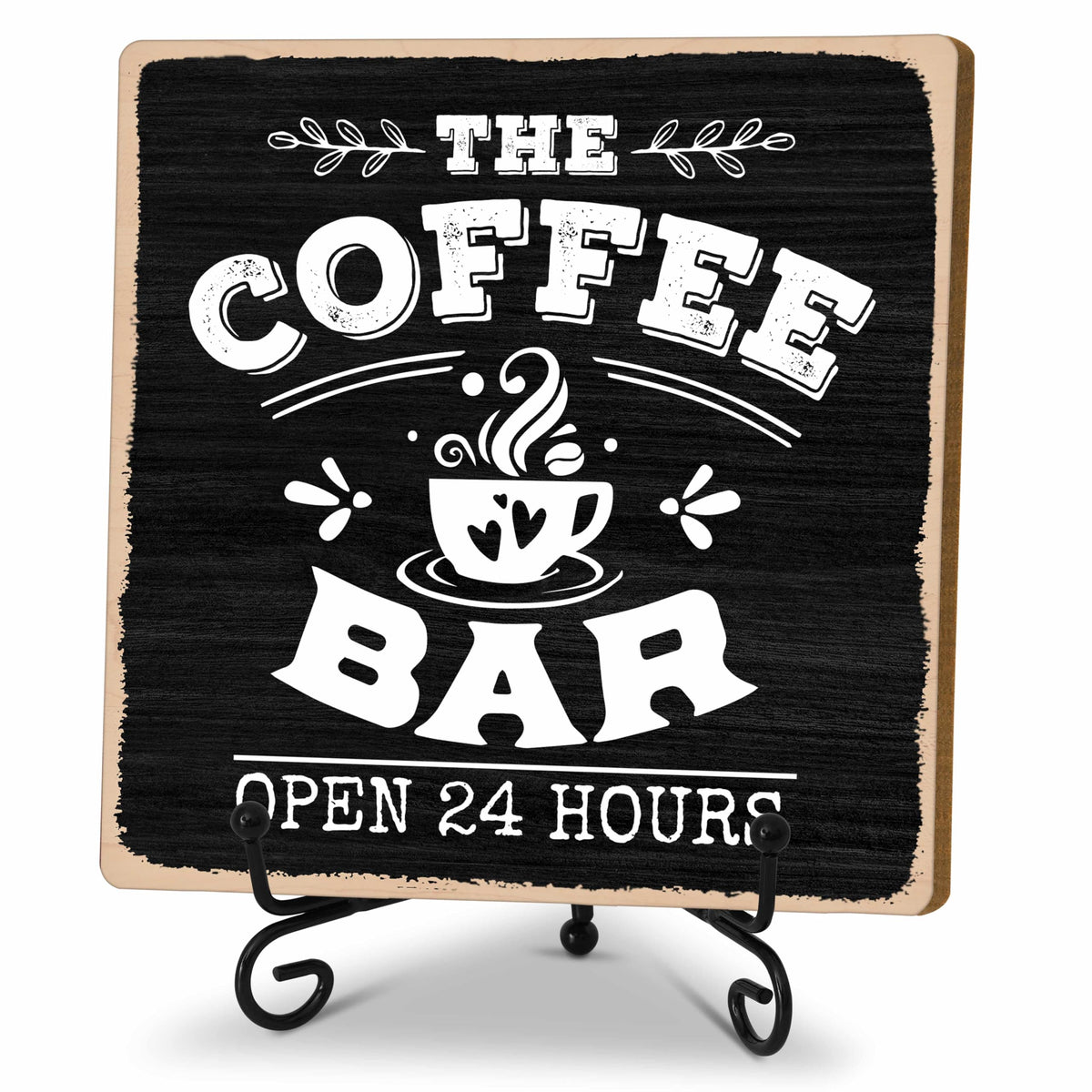 Open 24 Hours coffee bar decor sign with coffee-themed design, ideal for coffee stations and coffee lover gift displays.