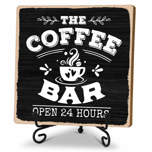 Open 24 Hours coffee bar decor sign with coffee-themed design, ideal for coffee stations and coffee lover gift displays.