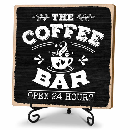 BackupMyFilesNow® coffee bar decor sign with "Open 24 Hours" for coffee station, ideal for coffee lovers and kitchen decor.
