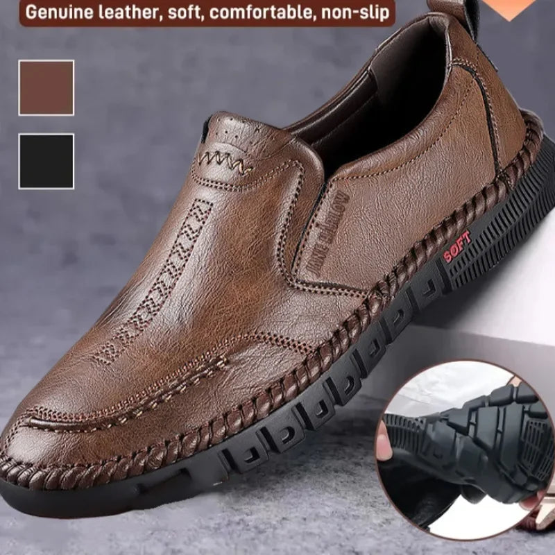 Men's coffee-colored genuine leather slip-on shoes by BackupMyFilesNow.com, perfect for formal occasions, weddings, and business events.