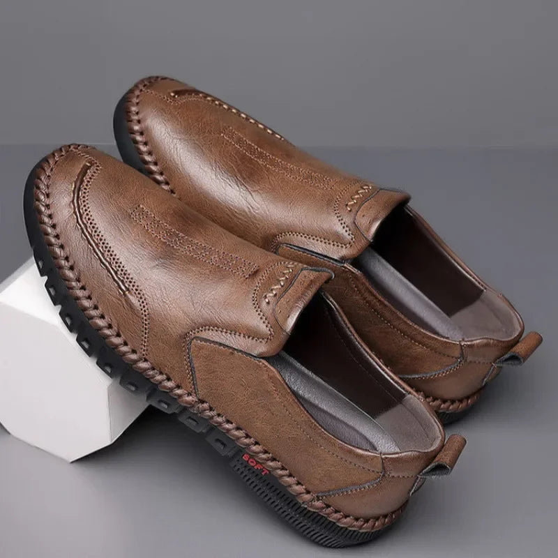 Men's coffee-colored genuine leather slip-on shoes by BackupMyFilesNow.com, stylish formal and casual footwear for business and occasions.