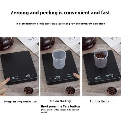 BackupMyFilesNow.com® coffee scale for precise measurement of coffee beans, with digital display and sleek black design.