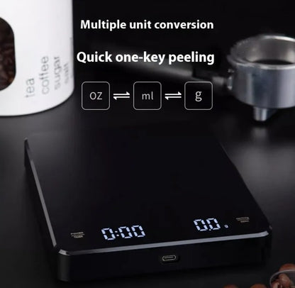 Digital coffee scale by BACKUPMYFILESNOW.COM® with a sleek design, digital display, and measurement buttons on a white background.