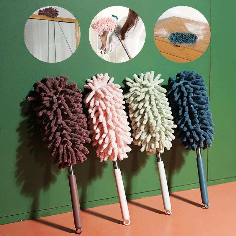 Telescopic stainless steel duster for home and auto interior cleaning, ceiling dust removal, and multi-purpose surface cleaning.