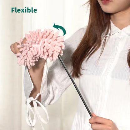 Telescopic stainless steel duster by BACKUPMYFILESNOW.COM® for home and auto interior cleaning, ceiling dust removal, multifunction tool.