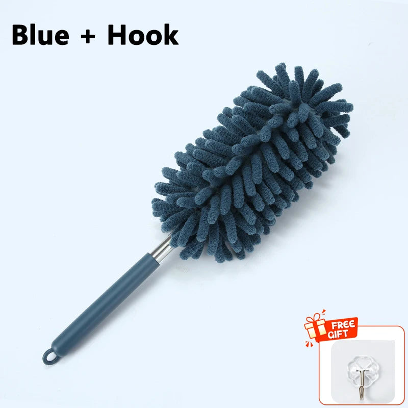 Telescopic stainless steel duster by BACKUPMYFILESNOW.COM® for home and auto interior cleaning, ceiling dust removal, multi-use cleaning tool.