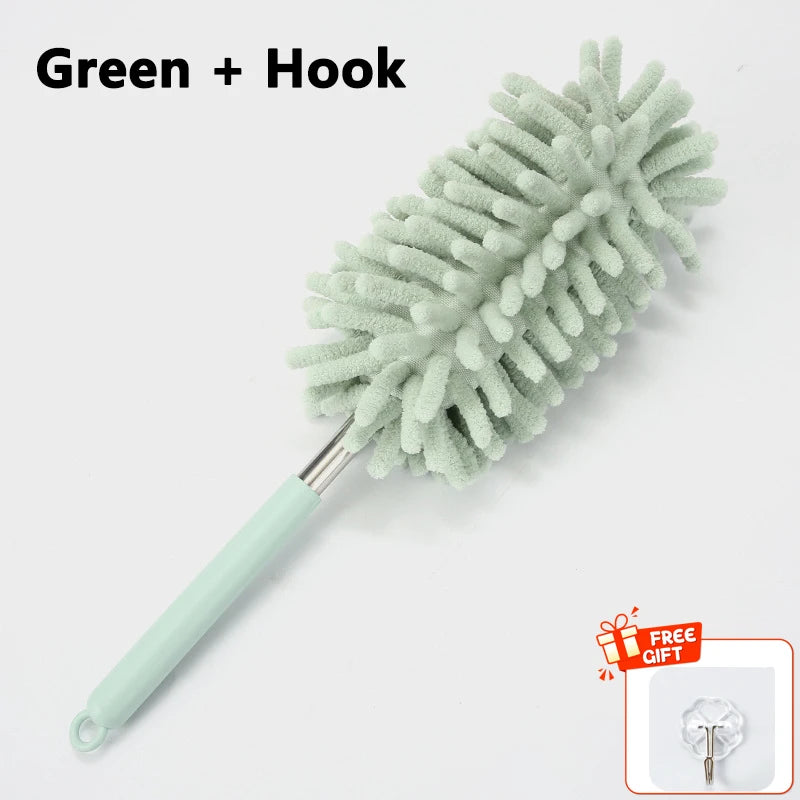 Telescopic stainless steel duster for home and auto interior cleaning, ceiling dust removal, and multifunctional cleaning tasks.