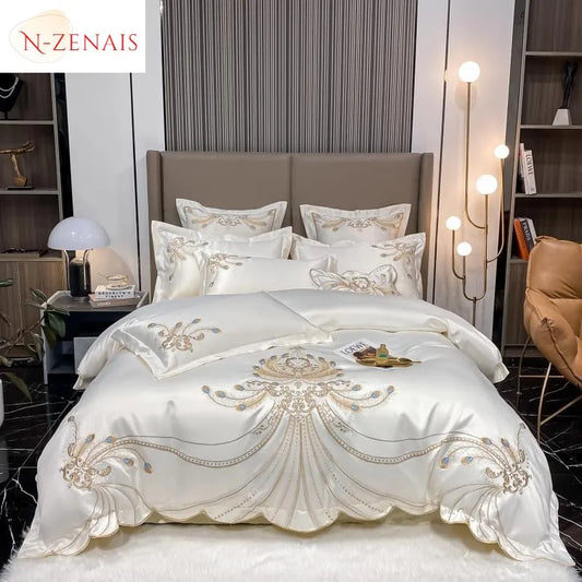 White and gray satin cotton bedding set with gold embroidery, includes comforter cover, fitted sheet, and pillowcases for king or queen size.