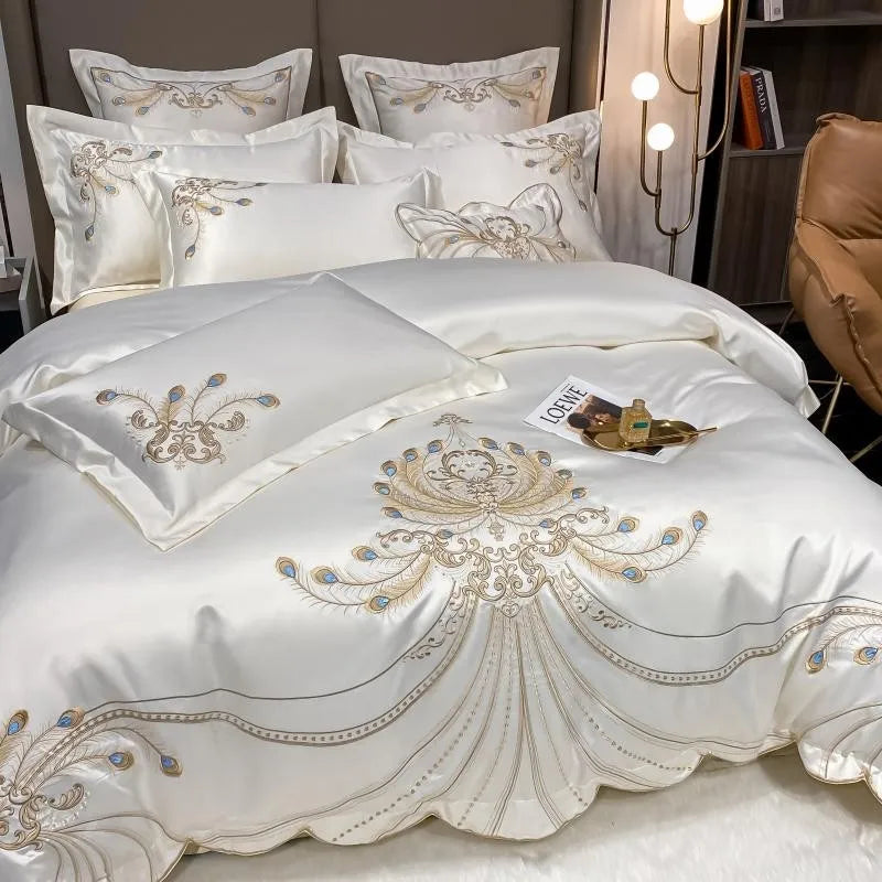 White and gray satin cotton bedding set with gold embroidery, including pillowcases, comforter cover, and fitted sheets for king or queen size bed