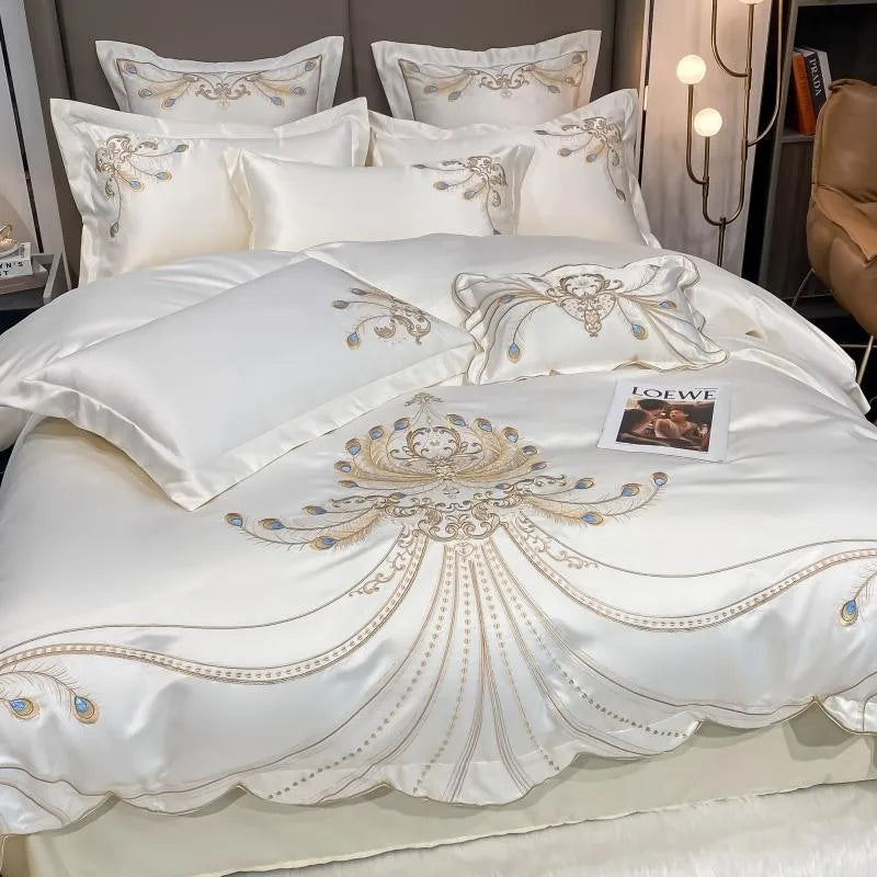 White and gray satin cotton bedding set with gold embroidery, including fitted sheet, pillowcases, and comforter cover for king or queen beds.