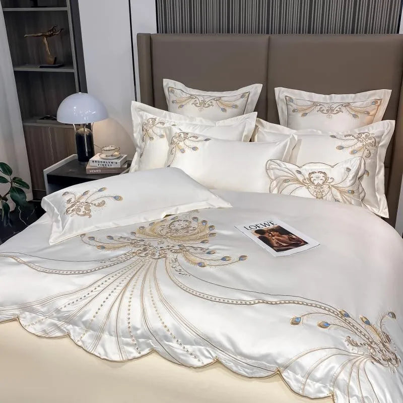White and gray satin cotton bedding set with gold embroidery, includes fitted sheet, pillowcases, and comforter cover for double, queen, or king beds.