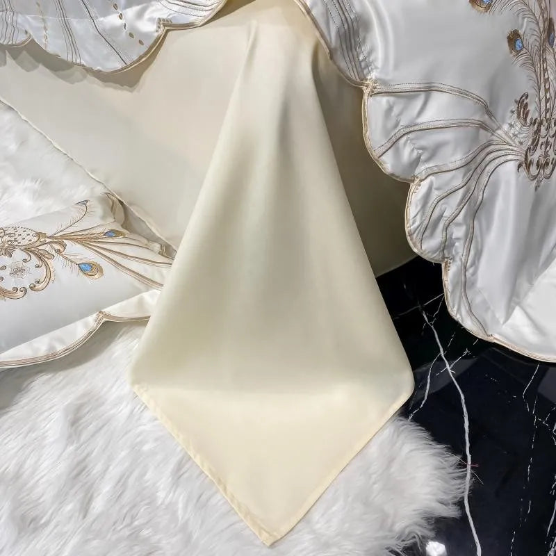 White and gray satin cotton bedding set with gold embroidery, including fitted sheet, comforter cover, and pillowcases for queen or king size.