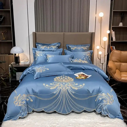 White and gray satin cotton bedding set with gold embroidery, includes fitted sheet, pillowcases, and comforter cover for king or queen beds.