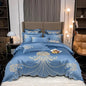 White and gray satin cotton bedding set with gold embroidery, includes fitted sheet, pillowcases, and comforter cover for king or queen beds.