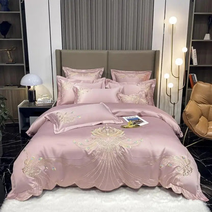 Set of 4/6 white and gray satin cotton bedding with gold embroidery, including fitted sheets, comforter cover, and pillowcases.