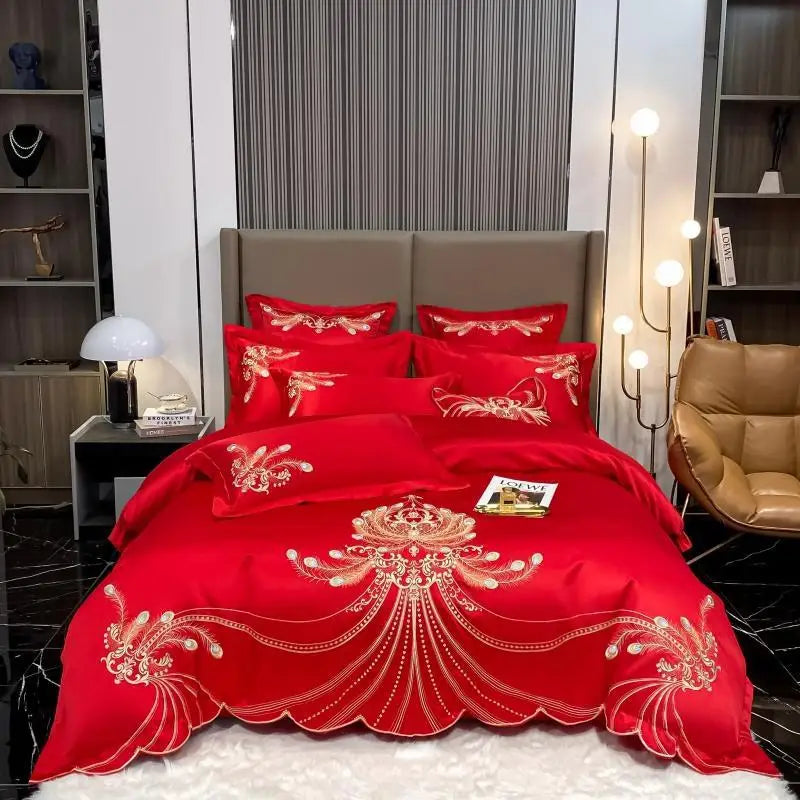 White and gray satin cotton bedding set with gold embroidery for king and queen size, includes comforter cover, bed sheet, and pillowcases.