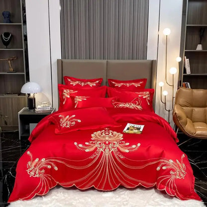 White and gray satin cotton bedding set with gold embroidery for king and queen size, includes comforter cover, bed sheet, and pillowcases.
