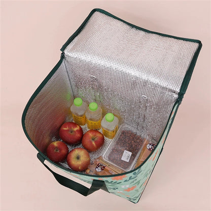 Colorful floral insulated reusable grocery bag, collapsible cooler bag for groceries, large capacity and heavy-duty design.
