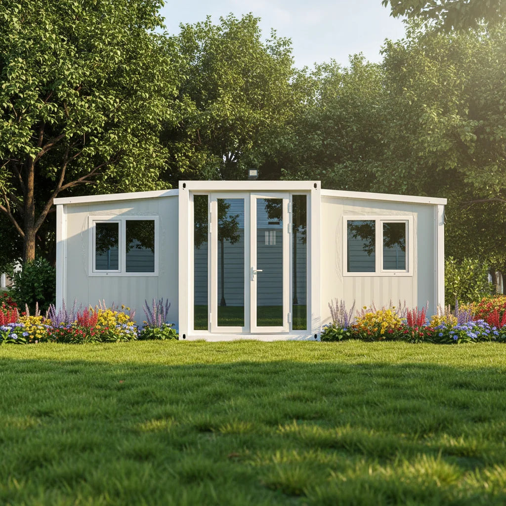 20ft and 40ft expandable container house by BACKUPMYFILESNOW.COM®, showing a collapsible prefabricated foldable home and office building.