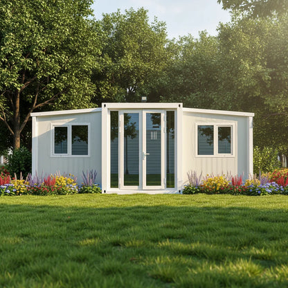 20ft and 40ft expandable container house by BACKUPMYFILESNOW.COM®, showing a collapsible prefabricated foldable home and office building.
