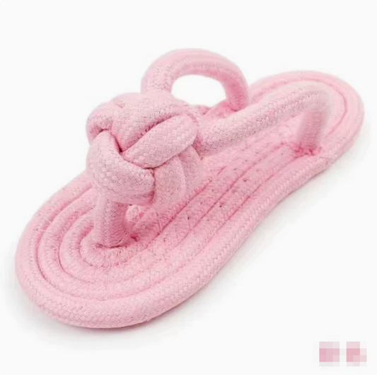Pink cotton rope slippers dog chew toy, durable and approximately 16.7cm, designed for chewing and play by pets.